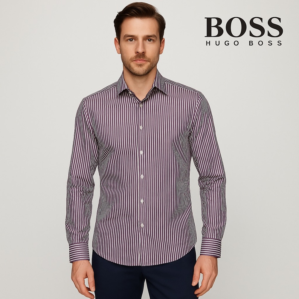 Hugo Boss Slim Fit Dress Shirt 17 43 Purple White Striped Long Sleeve